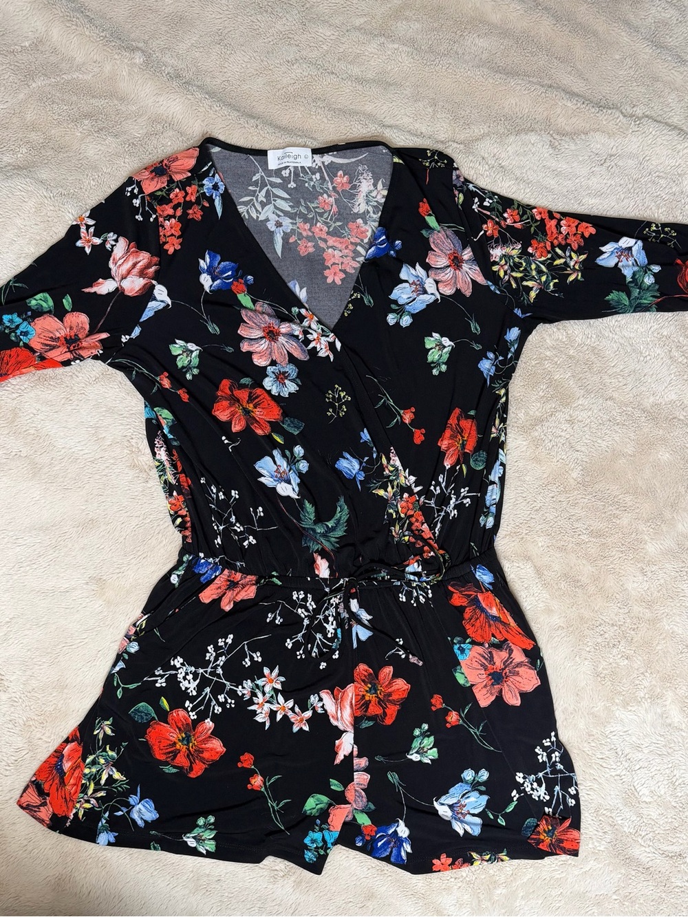 Kaileigh Black Floral Wrap Romper with Red, Blue & Green Blooms